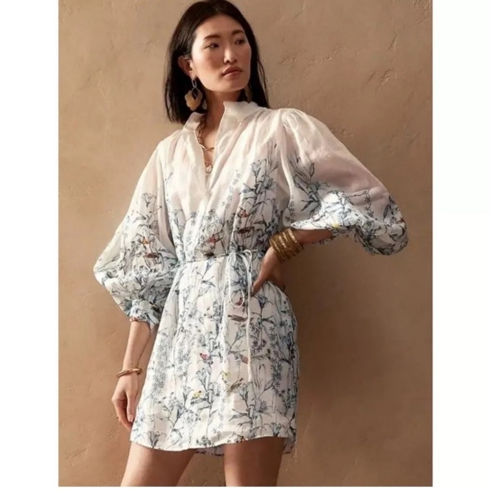 Banana Repablic Ramie Popover Floral Puff Sleeve Shirt Dress with Slips
